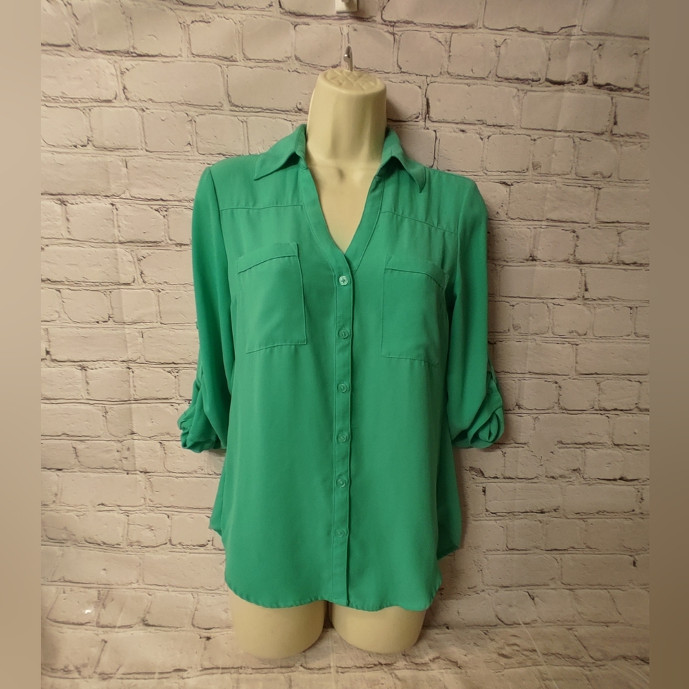Express Portofino Womens Green Polyester Roll Tab Flowy Shirt XS Button Down